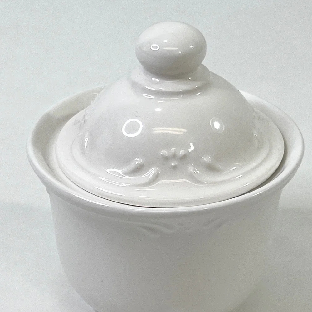 Pfaltzgraff Filigree White Stoneware Sugar Bowl with Lid and Creamer Pitcher Set